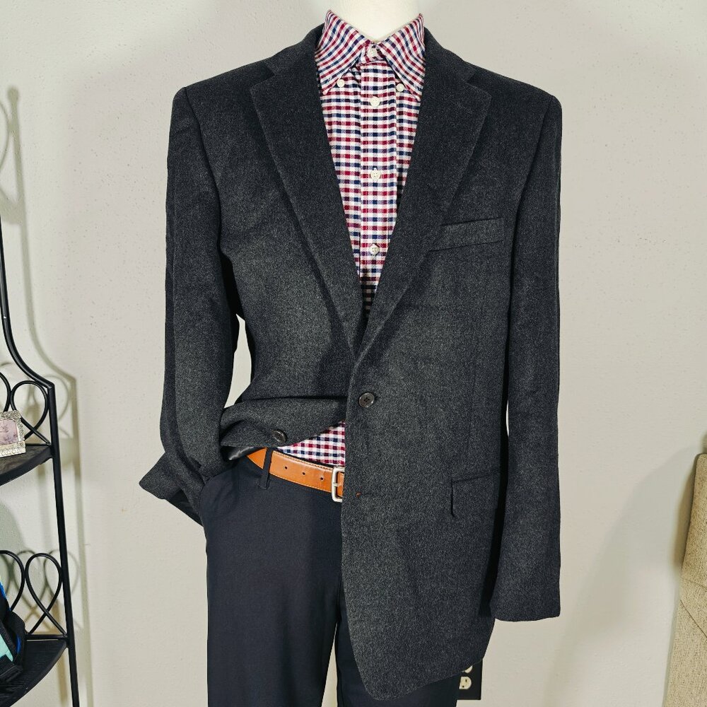 Claiborne Mens Sport Coat Two Button Flannel Wool Silk Cashmere Charcoal BLK 44L